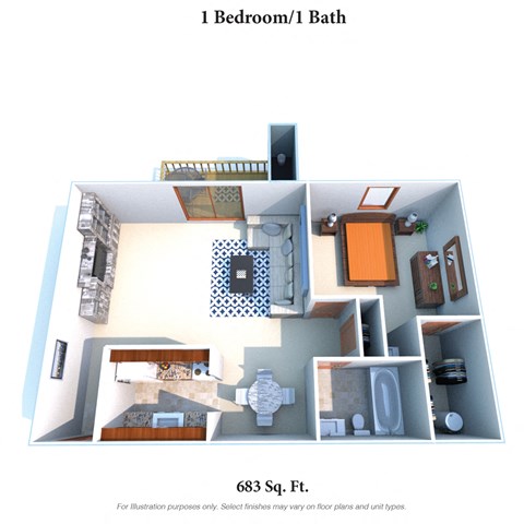 Floor plan for 1 bed, 1 bath, 683 sqft
